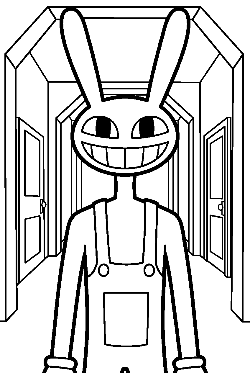 jax from the amazing digital circus in colorful hallway line art