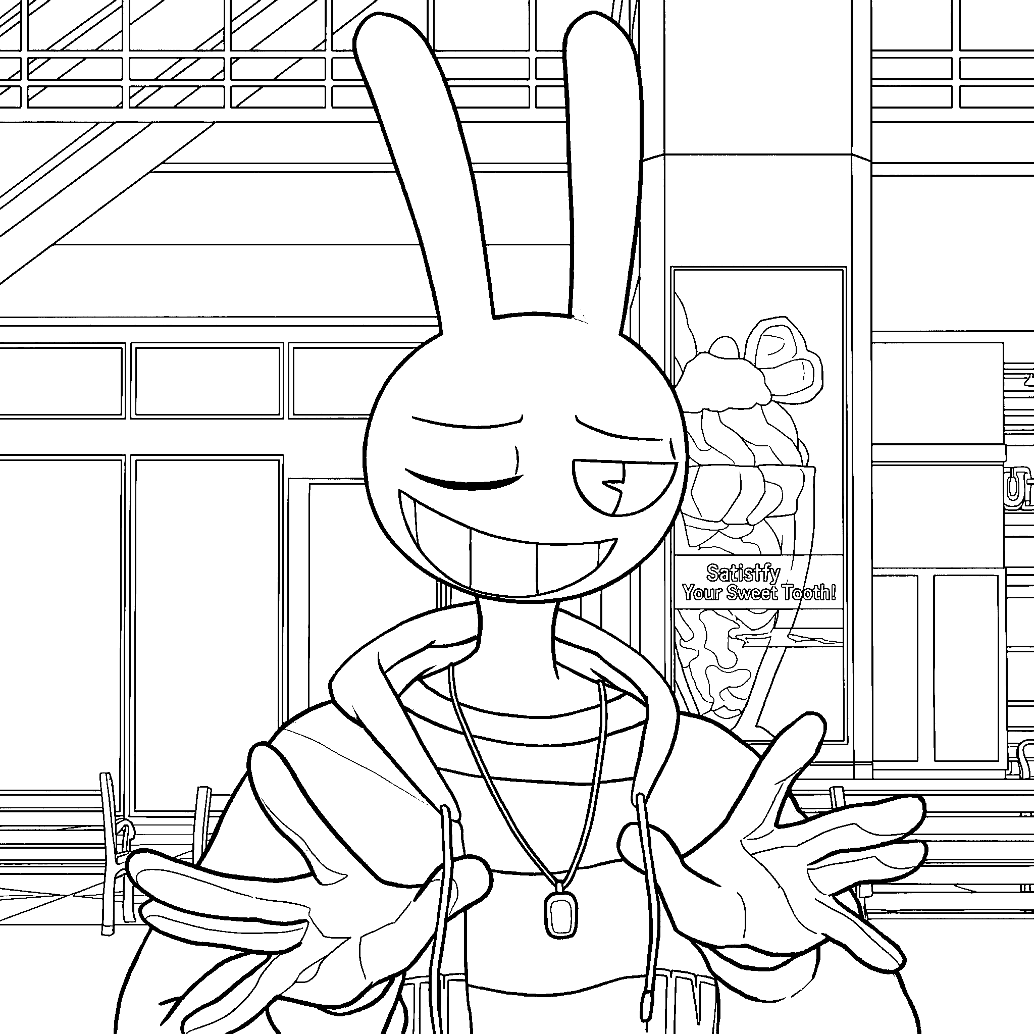 jax hoodie streetwear style shopping mall background tadc the amazing digital circus line art