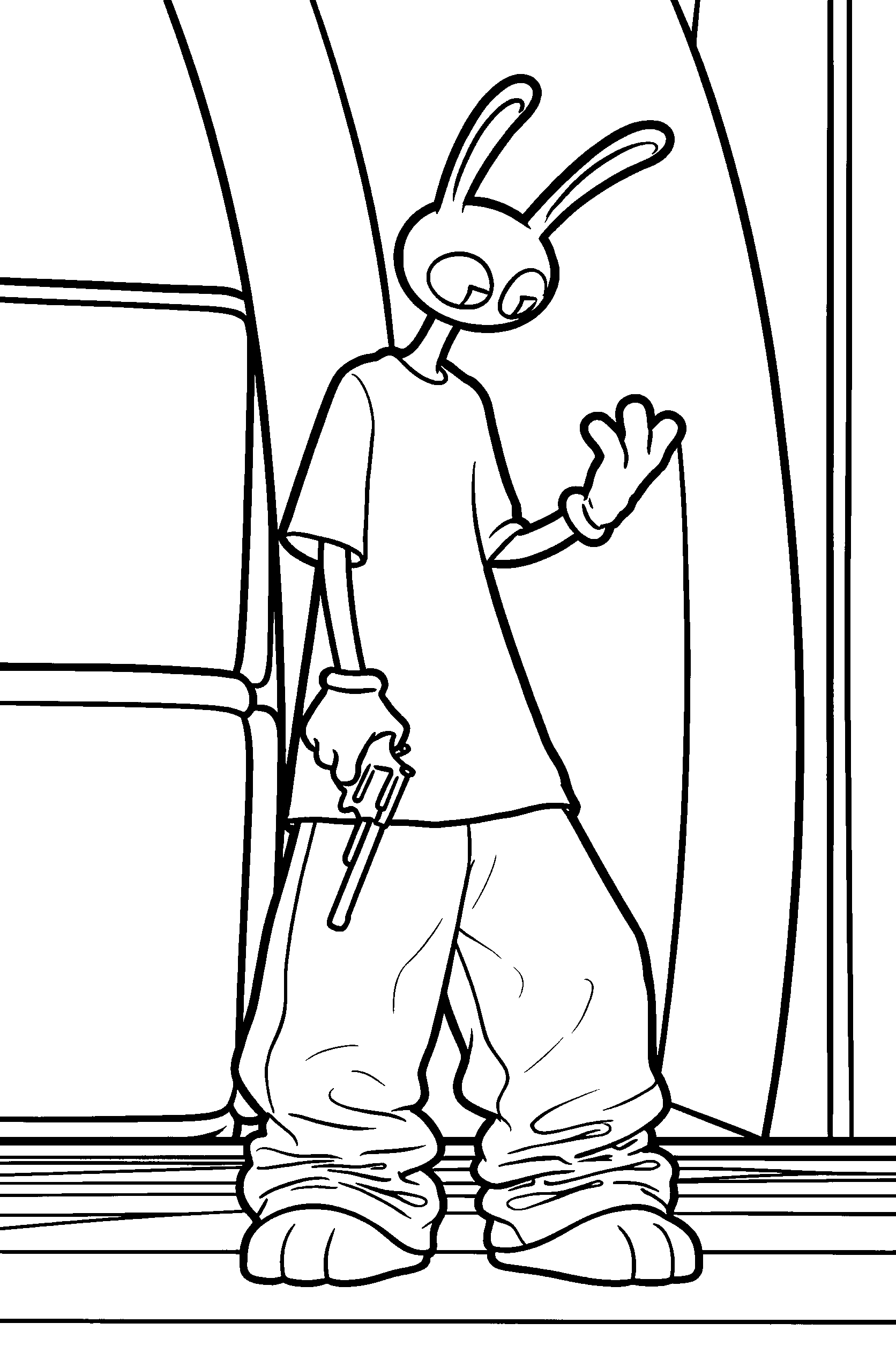 jax in oversized streetwear holding revolver the amazing digital circus line art
