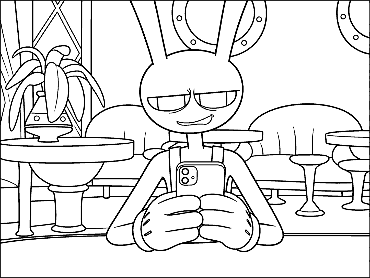 jax using smartphone at the cafe the amazing digital circus line art