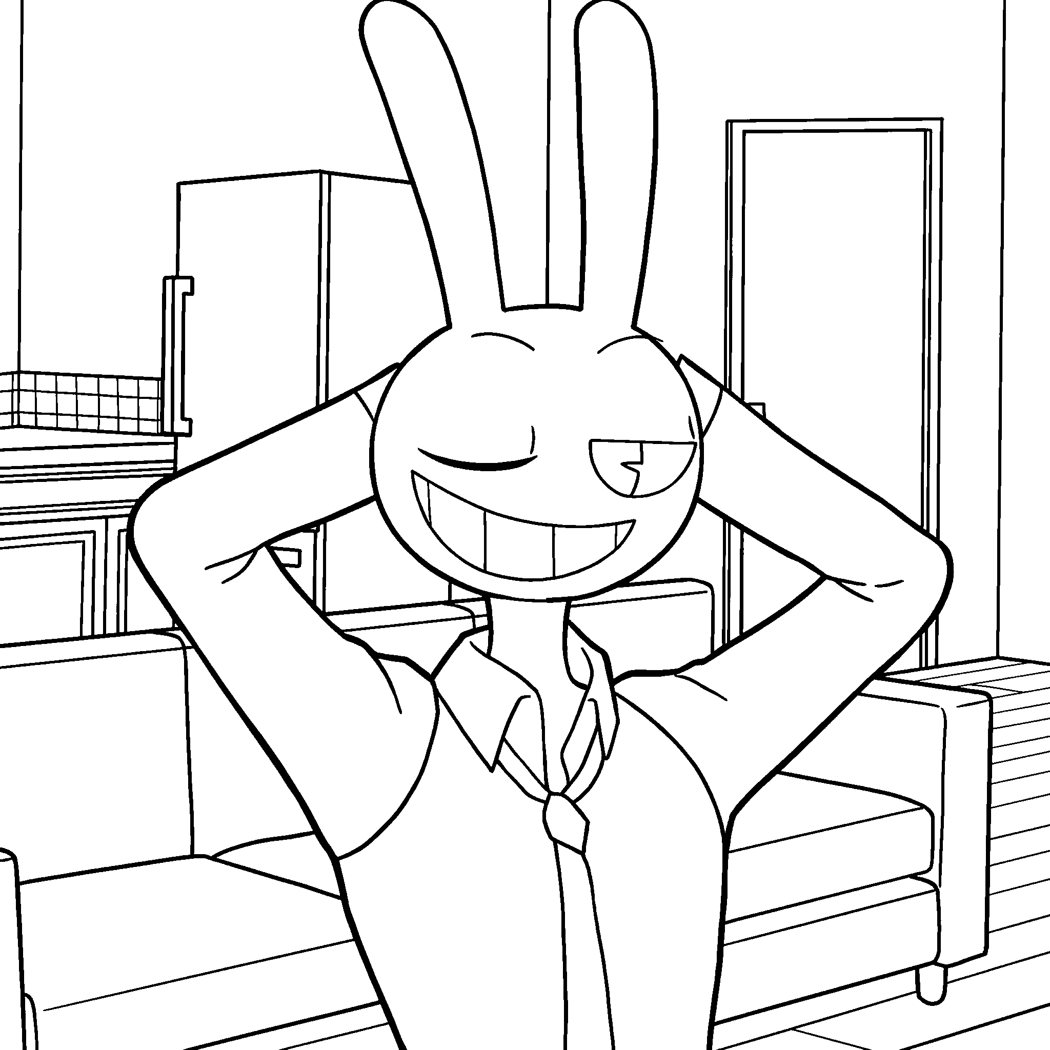 jax wearing shirt tie living room relaxed pose tadc the amazing digital circus line art for kids and adults