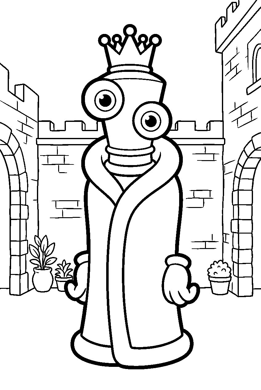 kinger from the amazing digital circus in castle courtyard line art