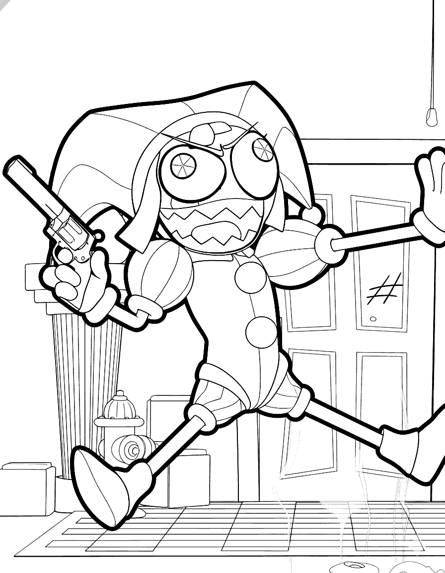 angry pomni with gun action scene the amazing digital circus line art