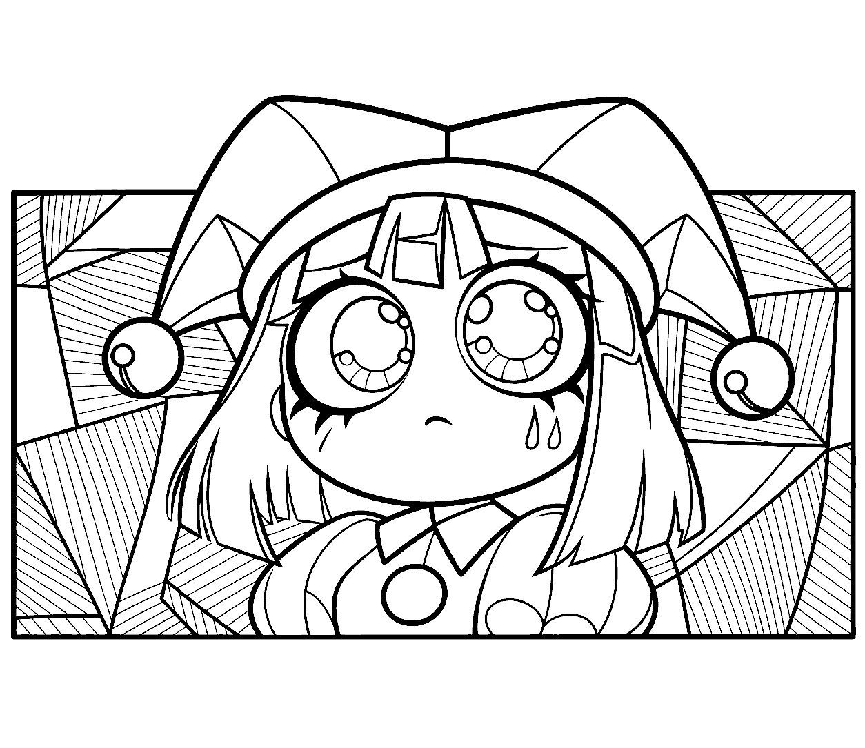 anxious pomni big expressive eyes stained glass geometric background tadc the amazing digital circus line art