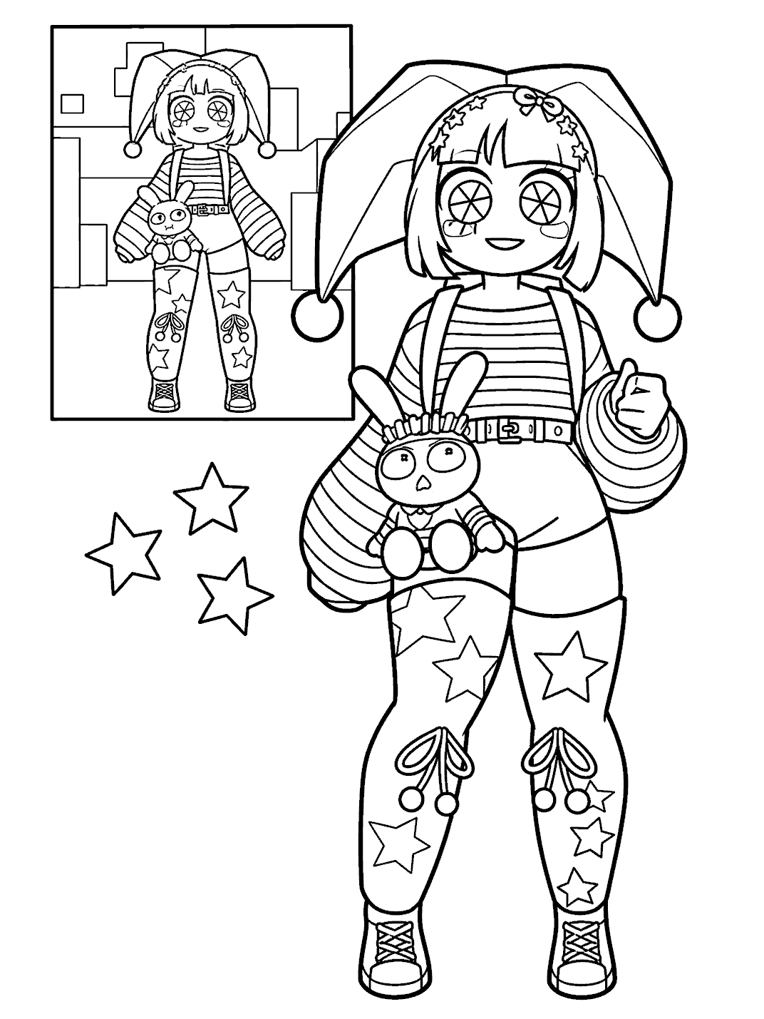 casual pomni holding jax plushie toy stars stockings tadc the amazing digital circus line art