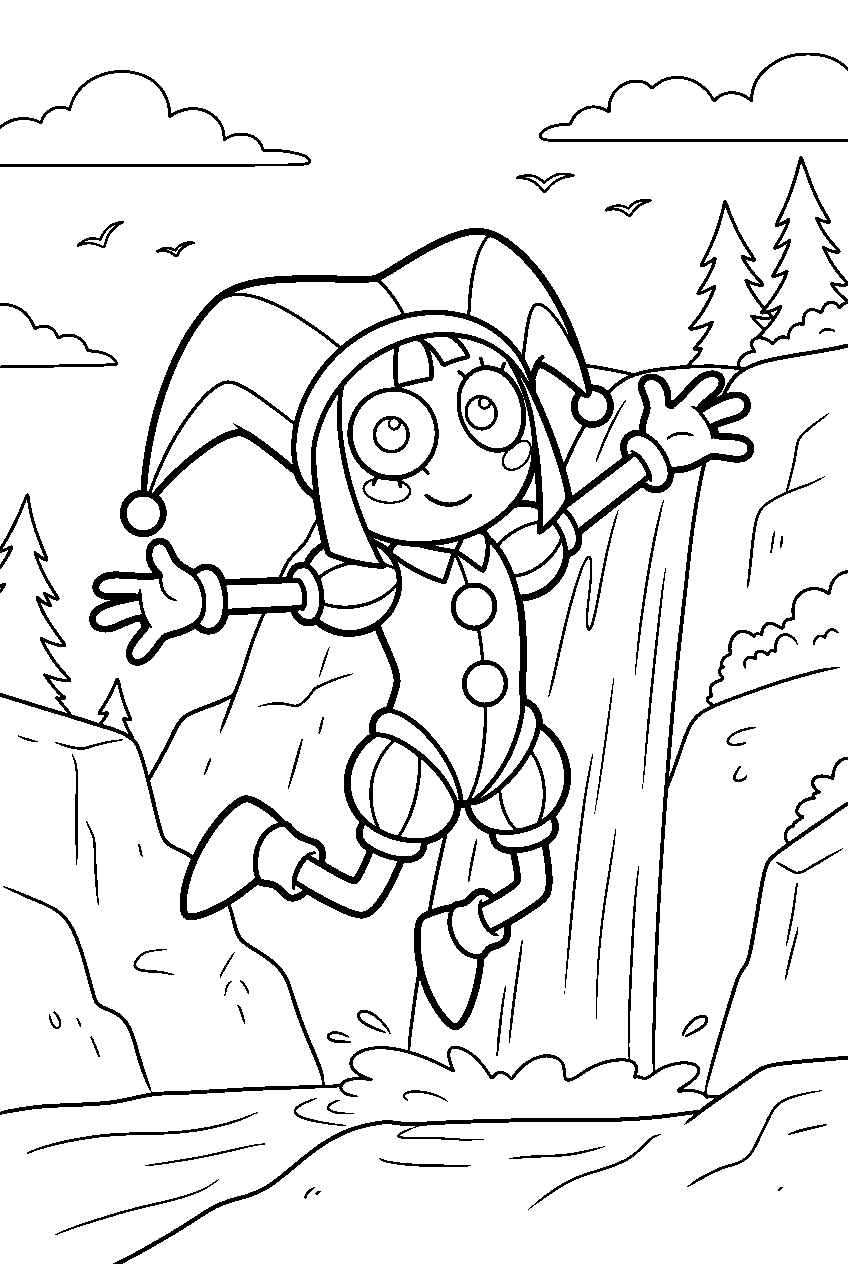 digital circus pomni jumping by waterfall line art