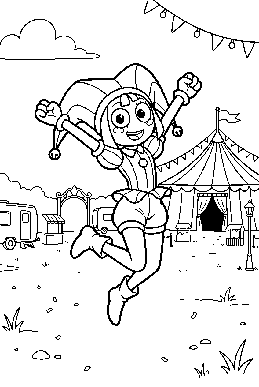 digital circus pomni jumping in circus grounds line art