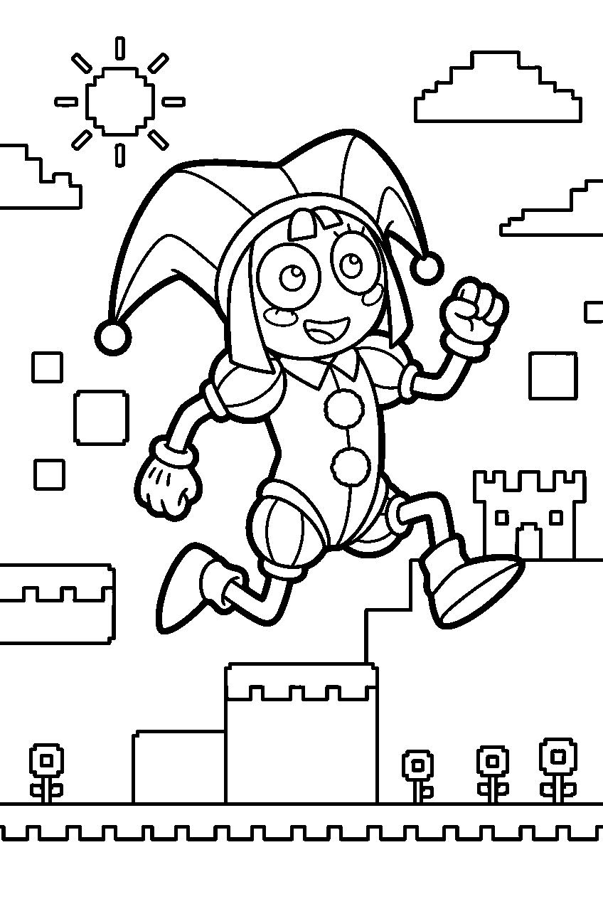 digital circus pomni jumping in pixel world line art