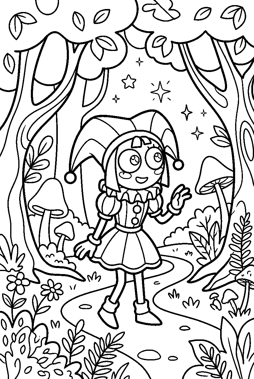digital circus pomni looking around in magical forest line art