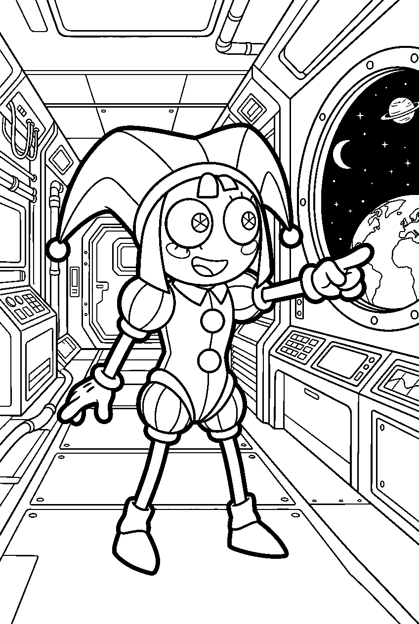 digital circus pomni pointing in space station line art