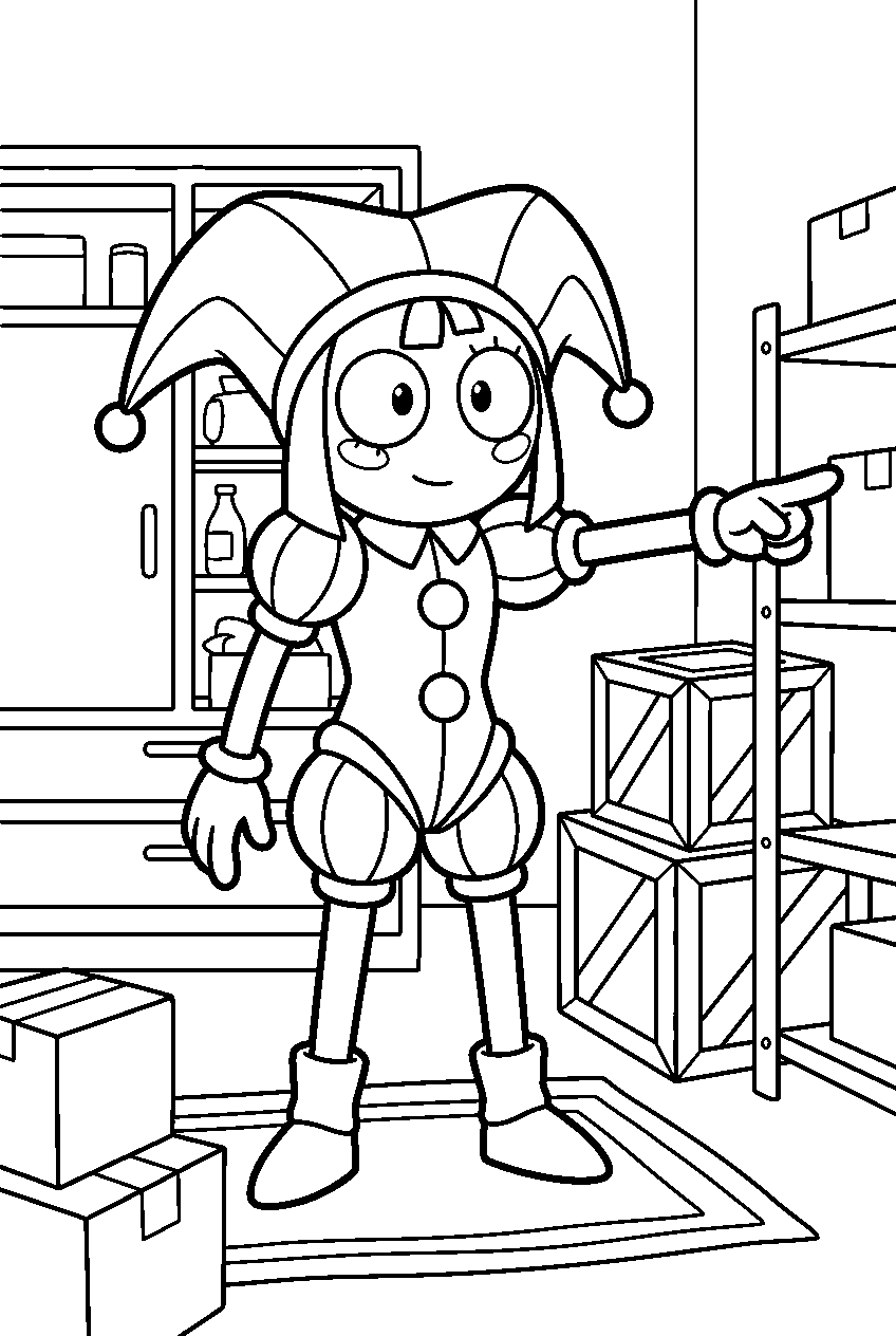 digital circus pomni pointing in storage room line art