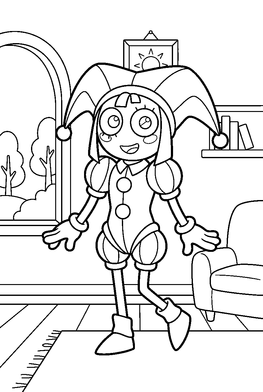 digital circus pomni posing in house line art