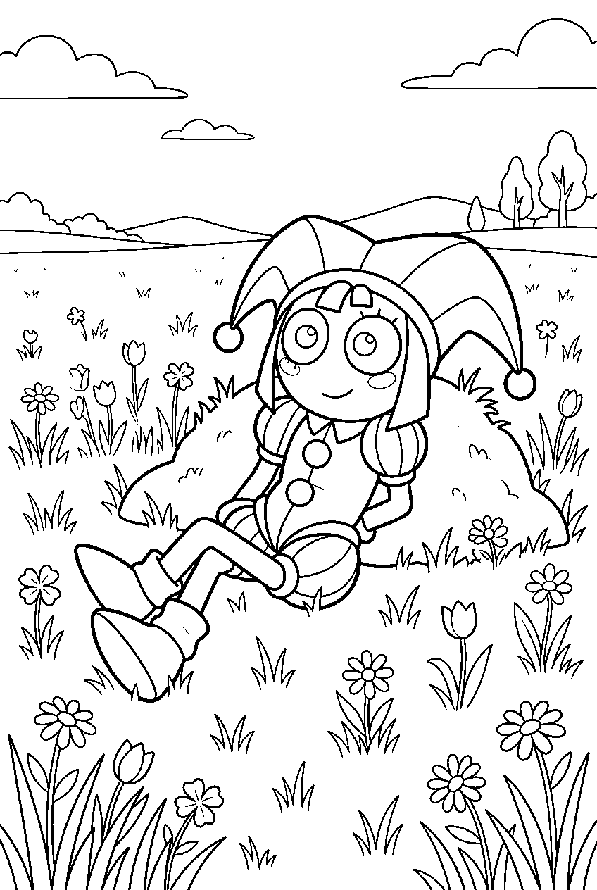 digital circus pomni resting in grassy field line art