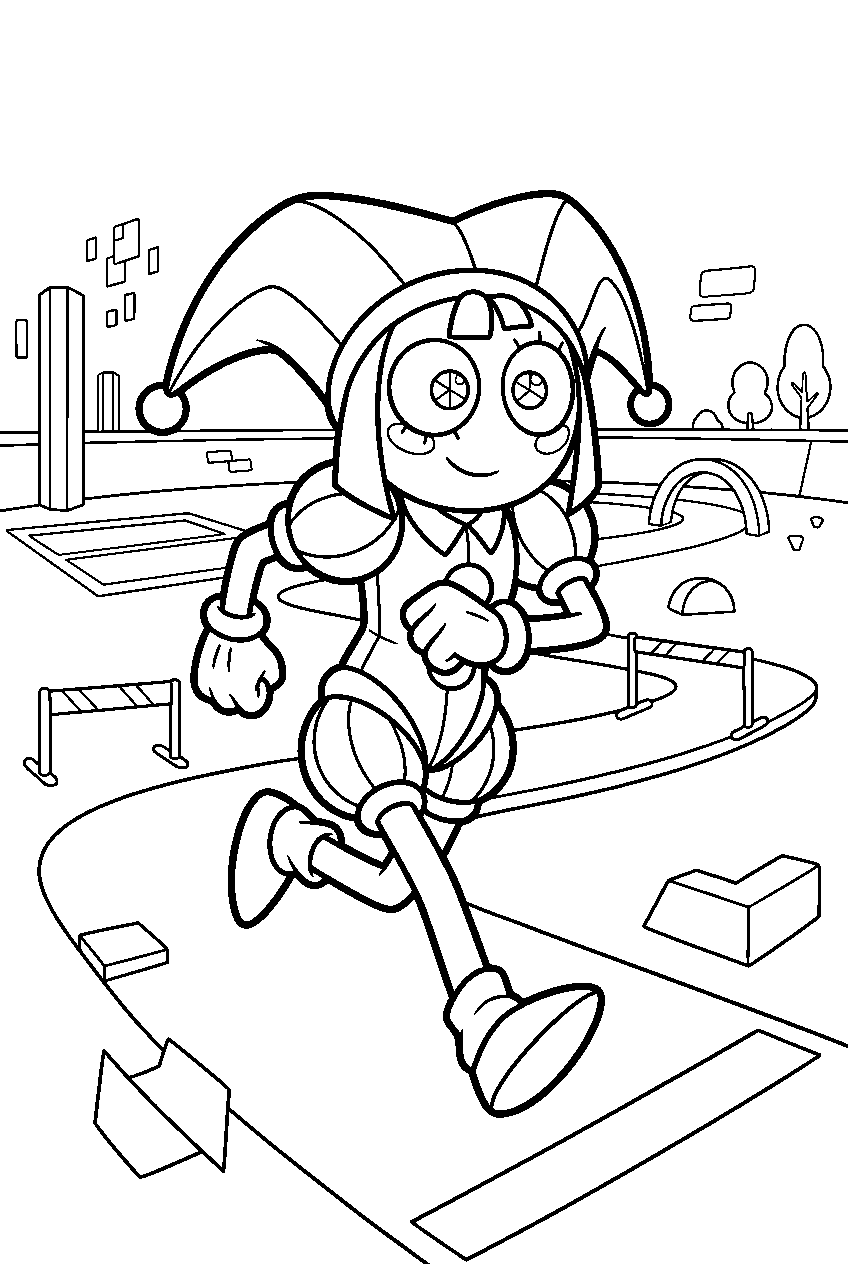 digital circus pomni running in challenge area line art