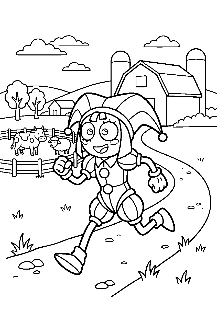 digital circus pomni running in farm line art