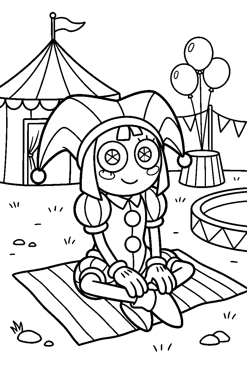 digital circus pomni sitting in circus grounds line art