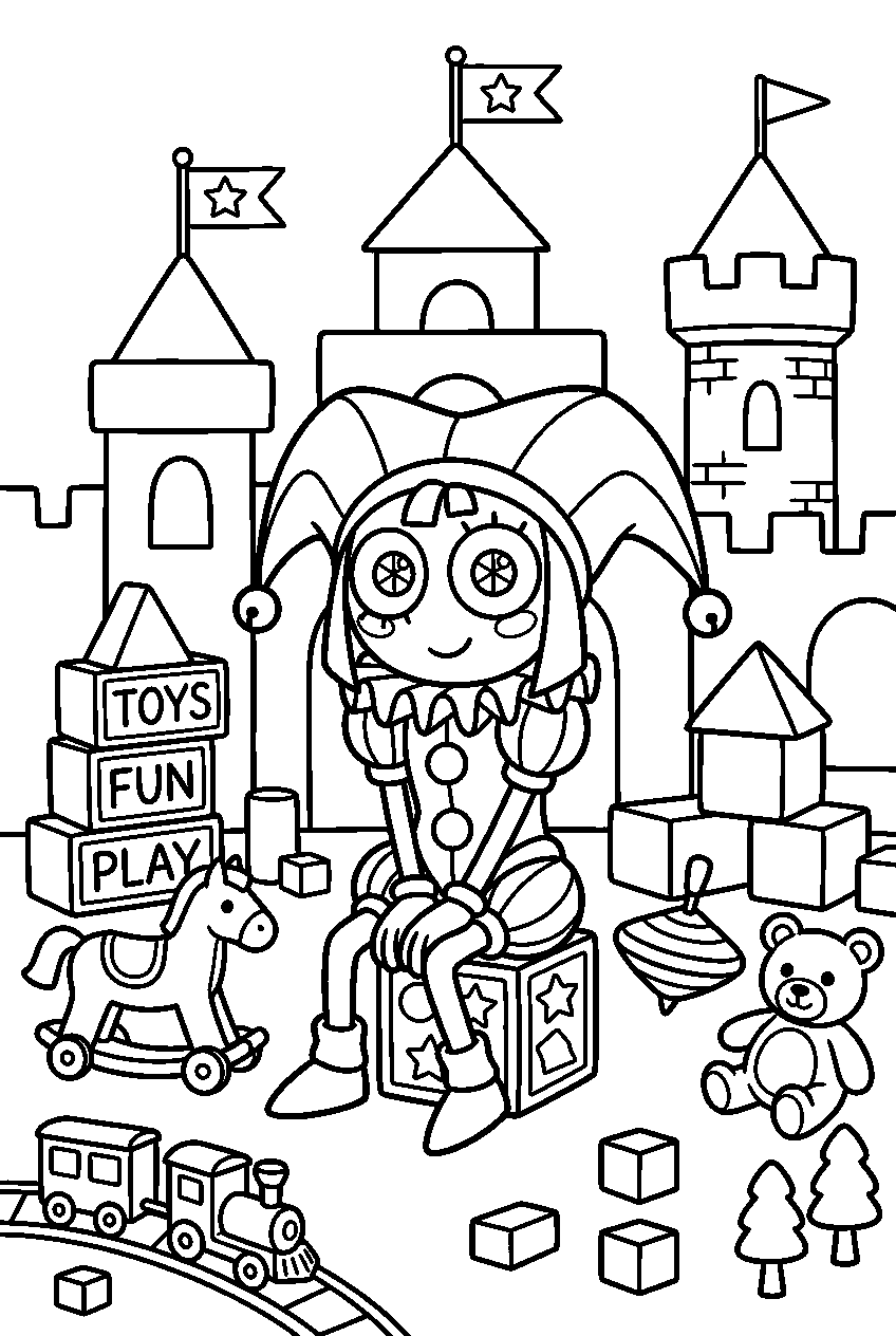 digital circus pomni sitting in toy kingdom line art