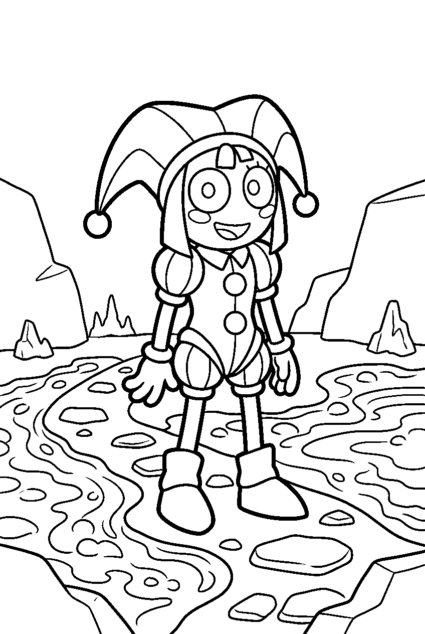 digital circus pomni smiling in lava area line art