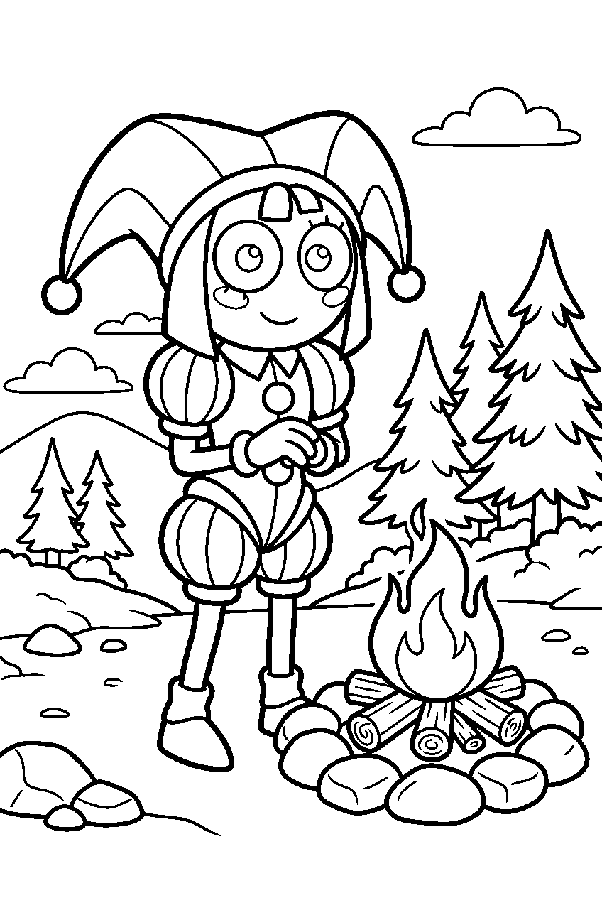 digital circus pomni standing at campfire spot line art