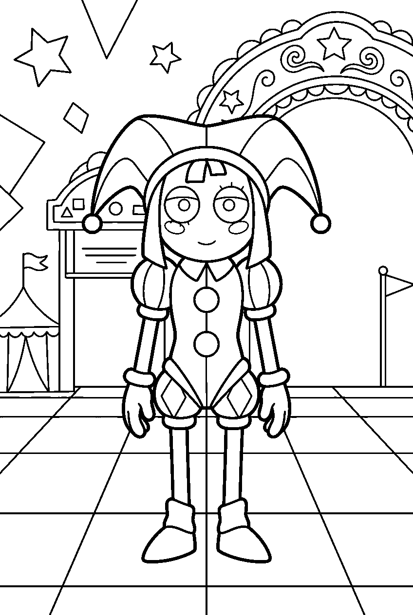 digital circus pomni standing calmly in start area line art