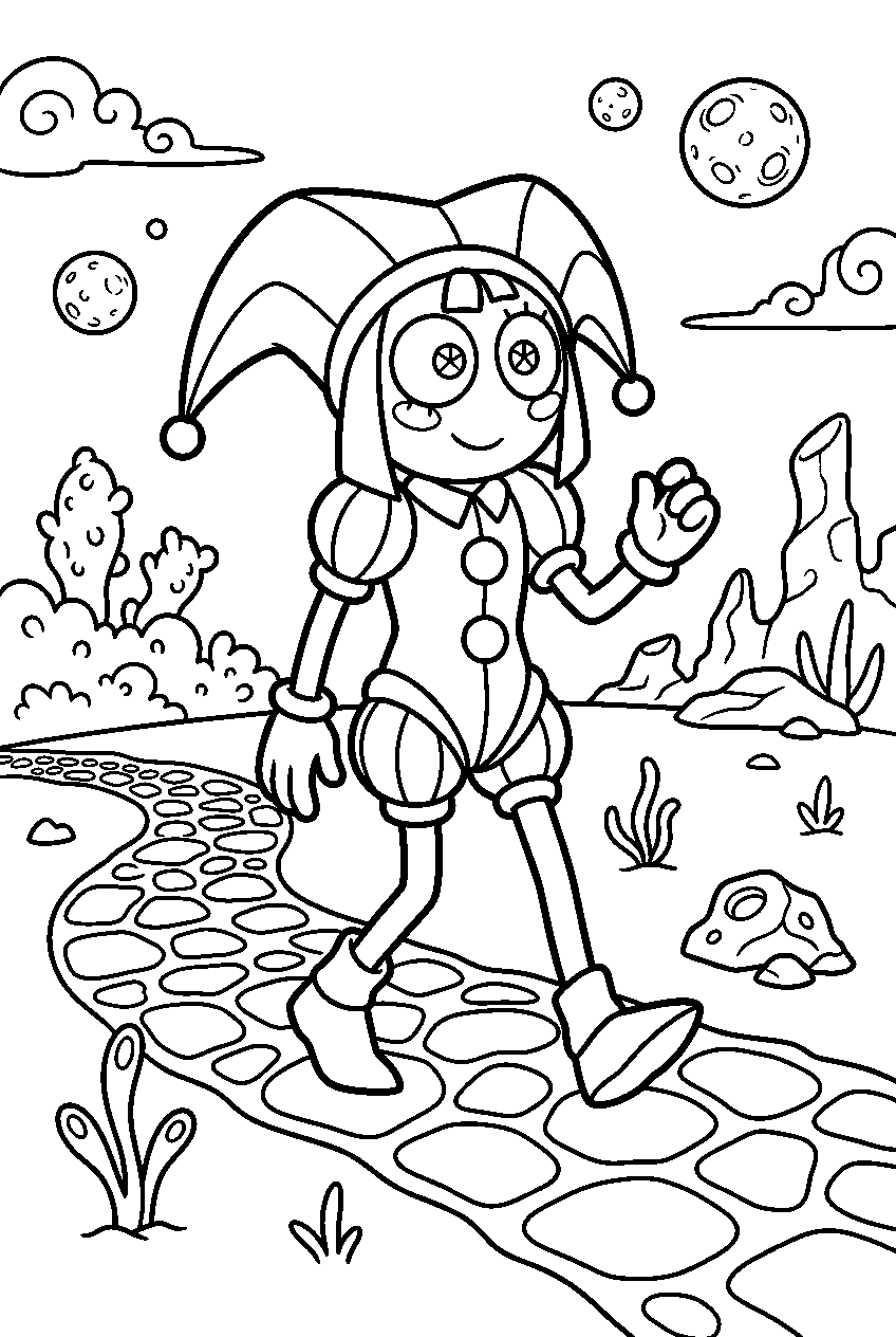 digital circus pomni walking on alien planet line art