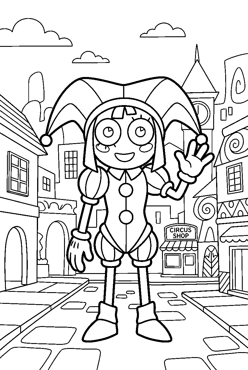 digital circus pomni waving in digital town line art