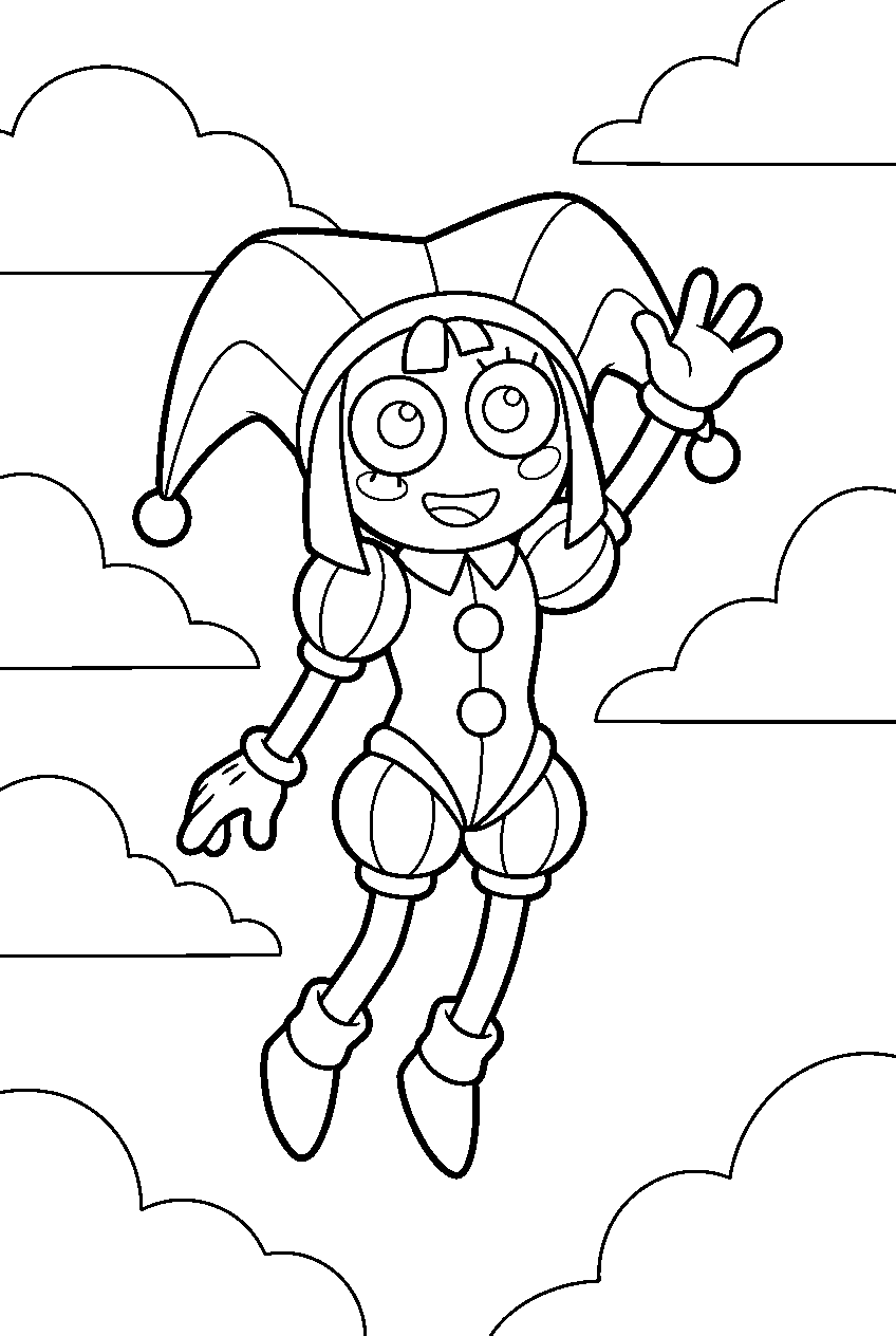 digital circus pomni waving in sky area line art