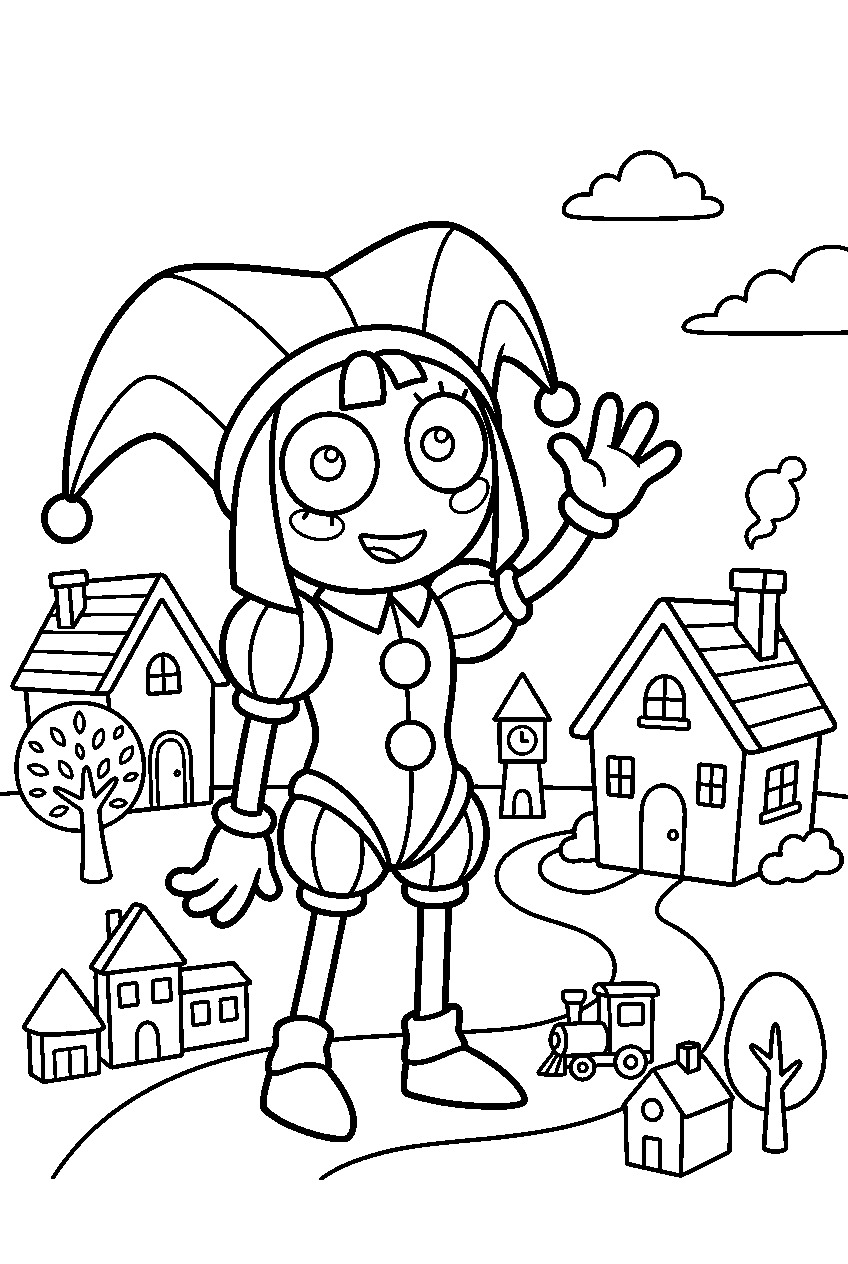 digital circus pomni waving in toy village line art