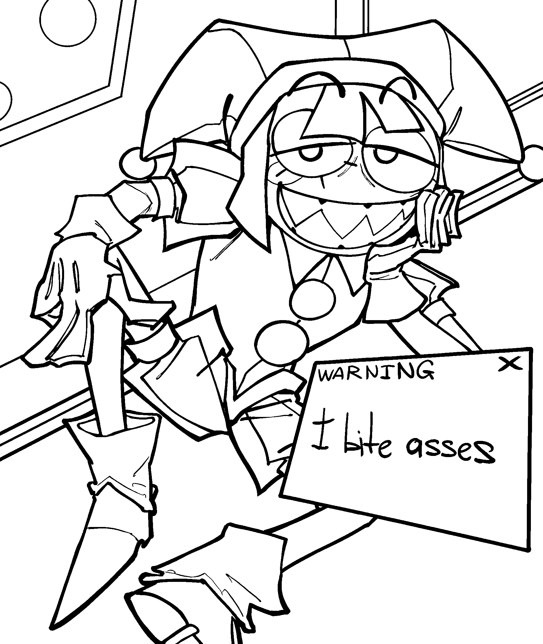 evil pomni with sharp teeth warning meme the amazing digital circus line art