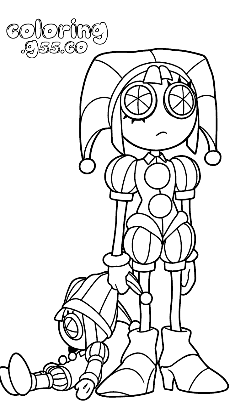 pomni holding sad jester doll for kids tadc the amazing digital circus line art