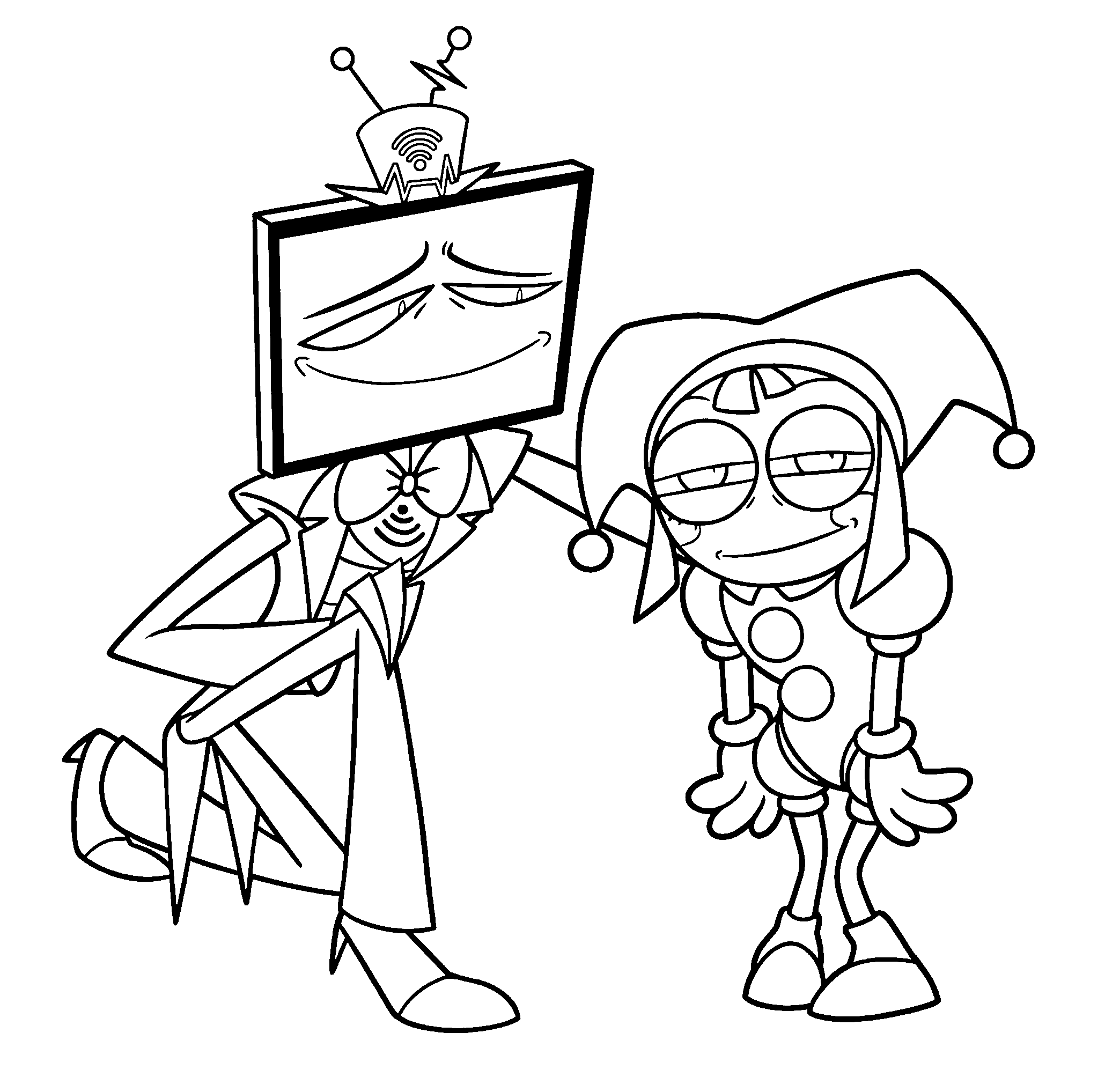 mysterious tv head character meeting pomni tadc the amazing digital circus line art