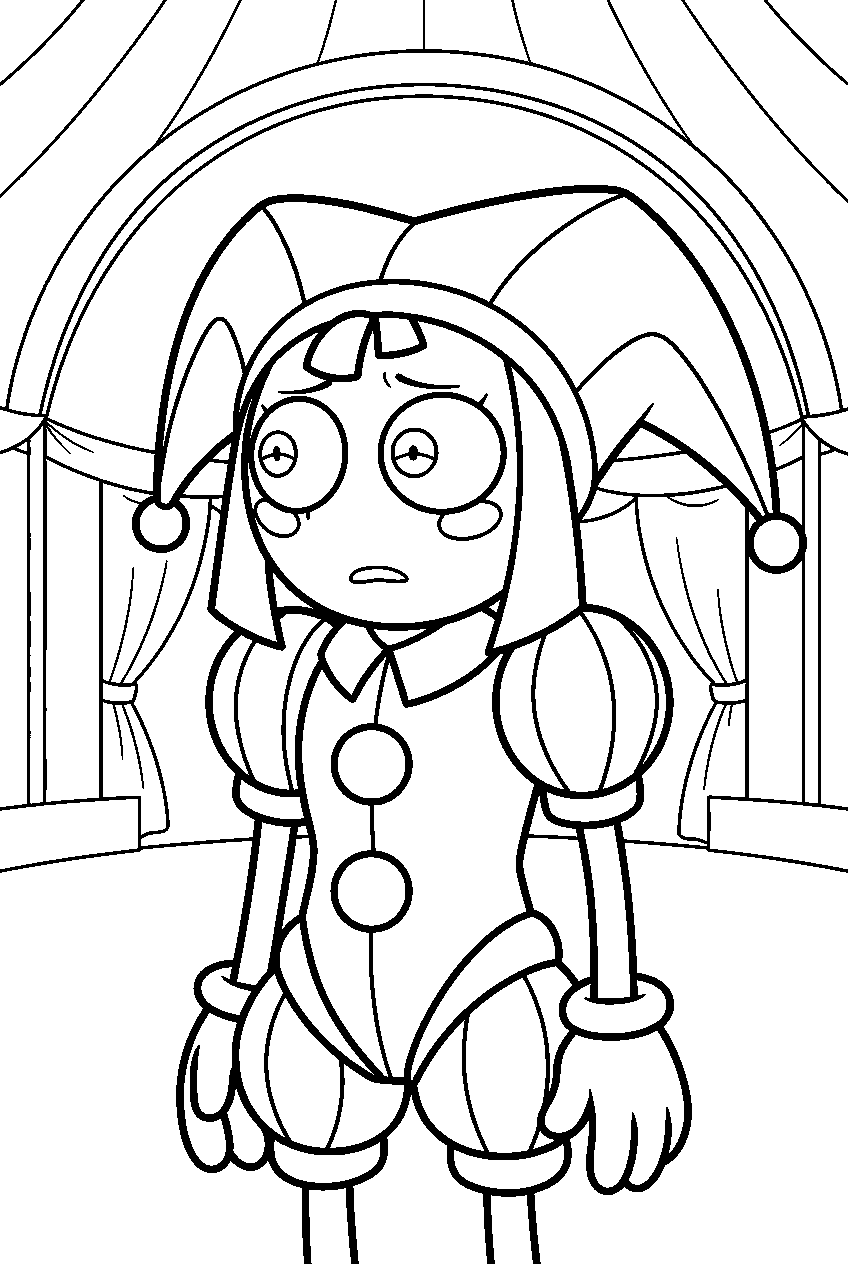pomni from the amazing digital circus in big top arena line art