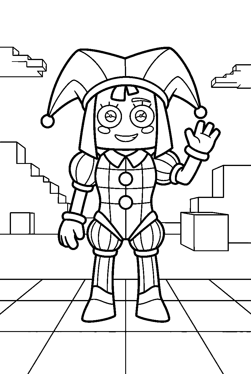 pomni from the amazing digital circus in block world line art