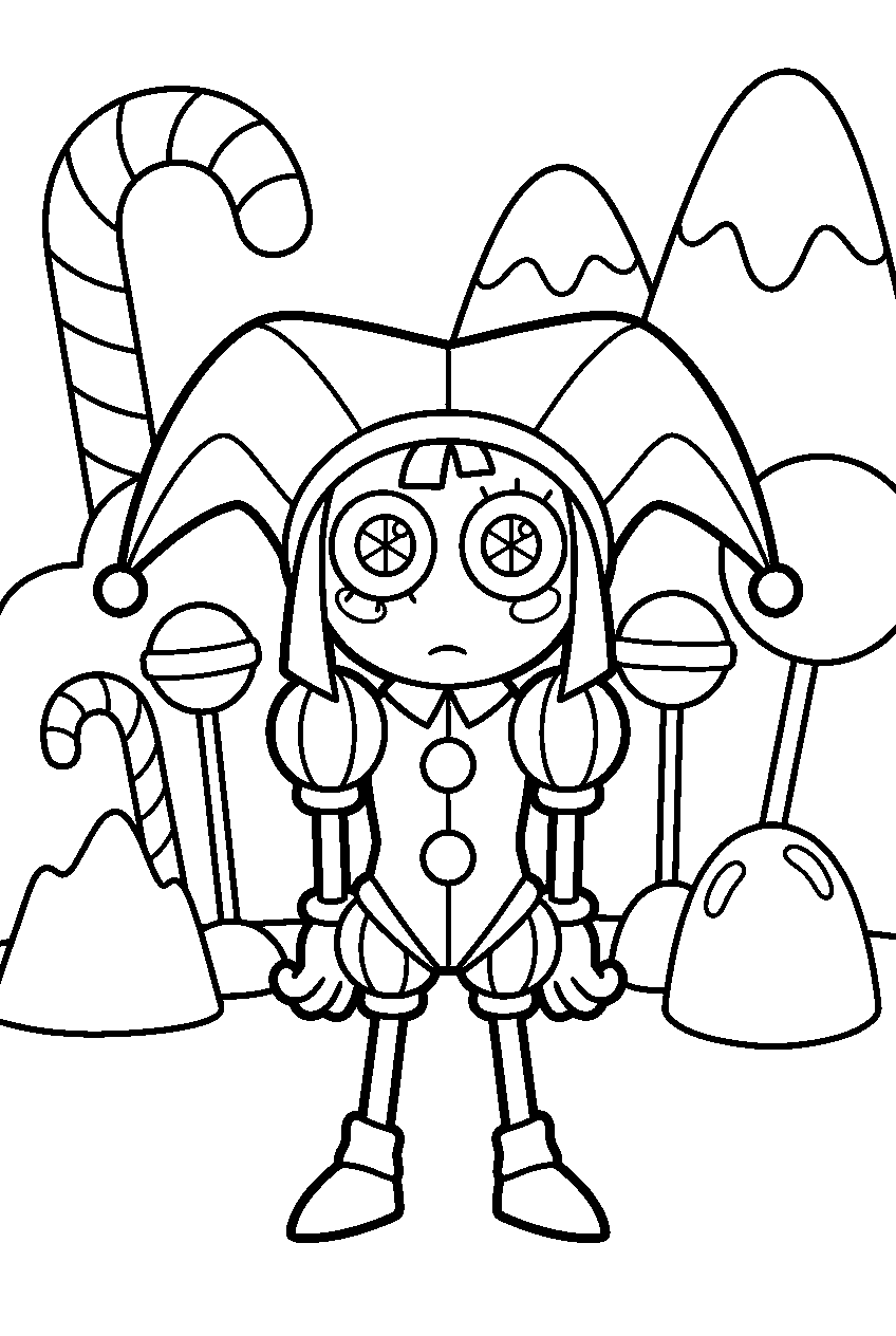 pomni from the amazing digital circus in candy canyon kingdom line art