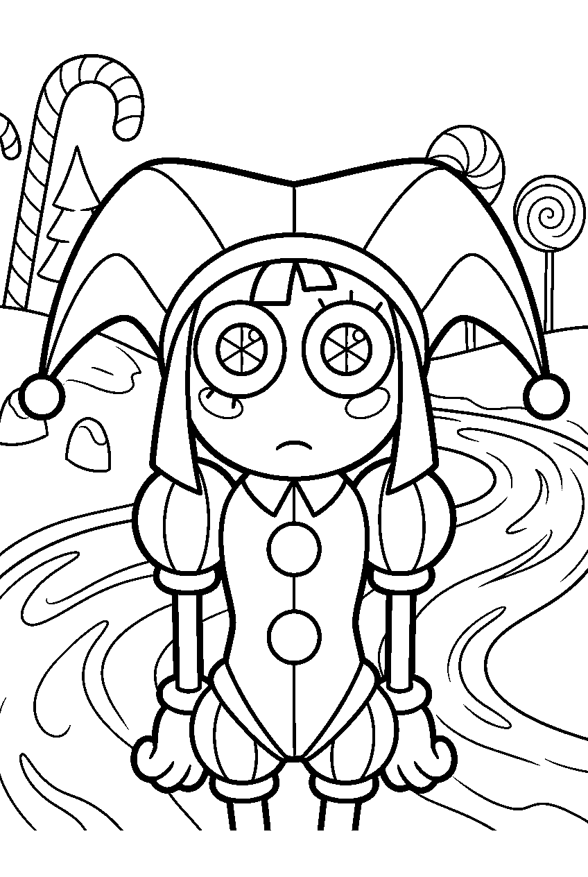 pomni from the amazing digital circus in chocolate river area line art
