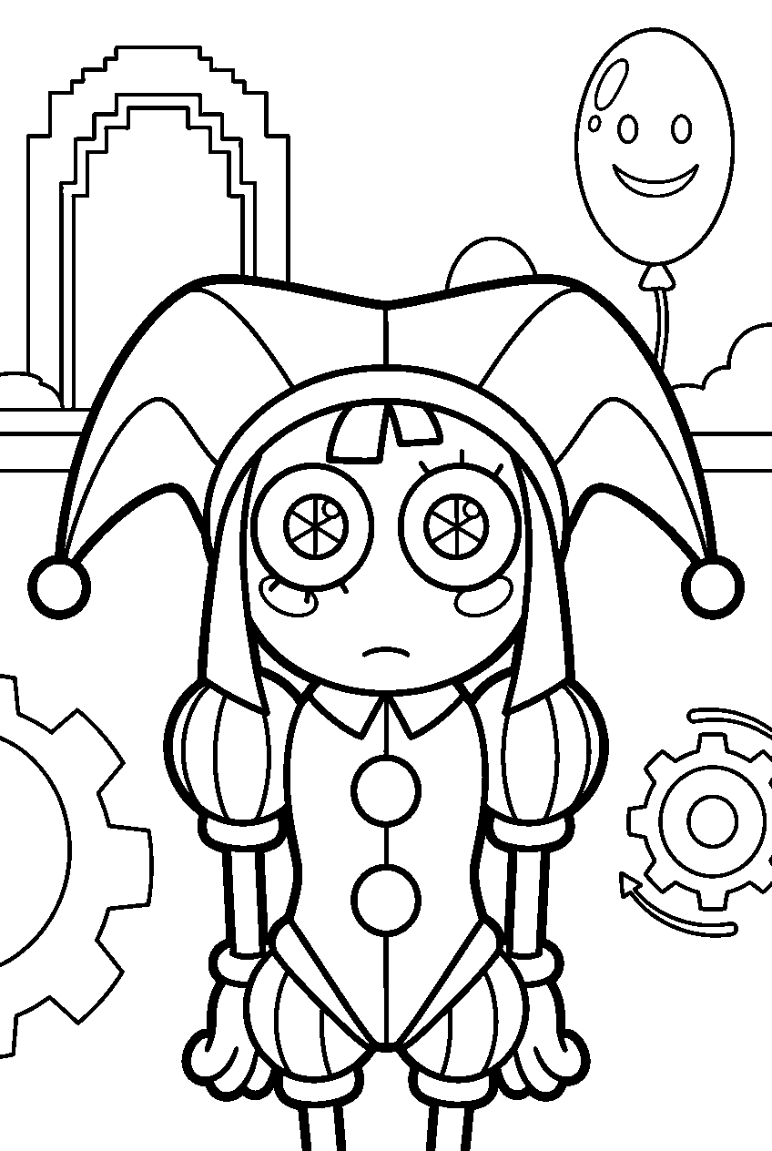 pomni from the amazing digital circus in digital amusement park line art
