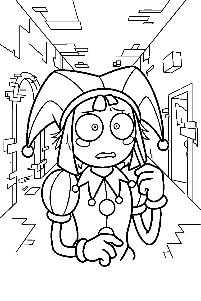 pomni from the amazing digital circus in glitch corridor line art