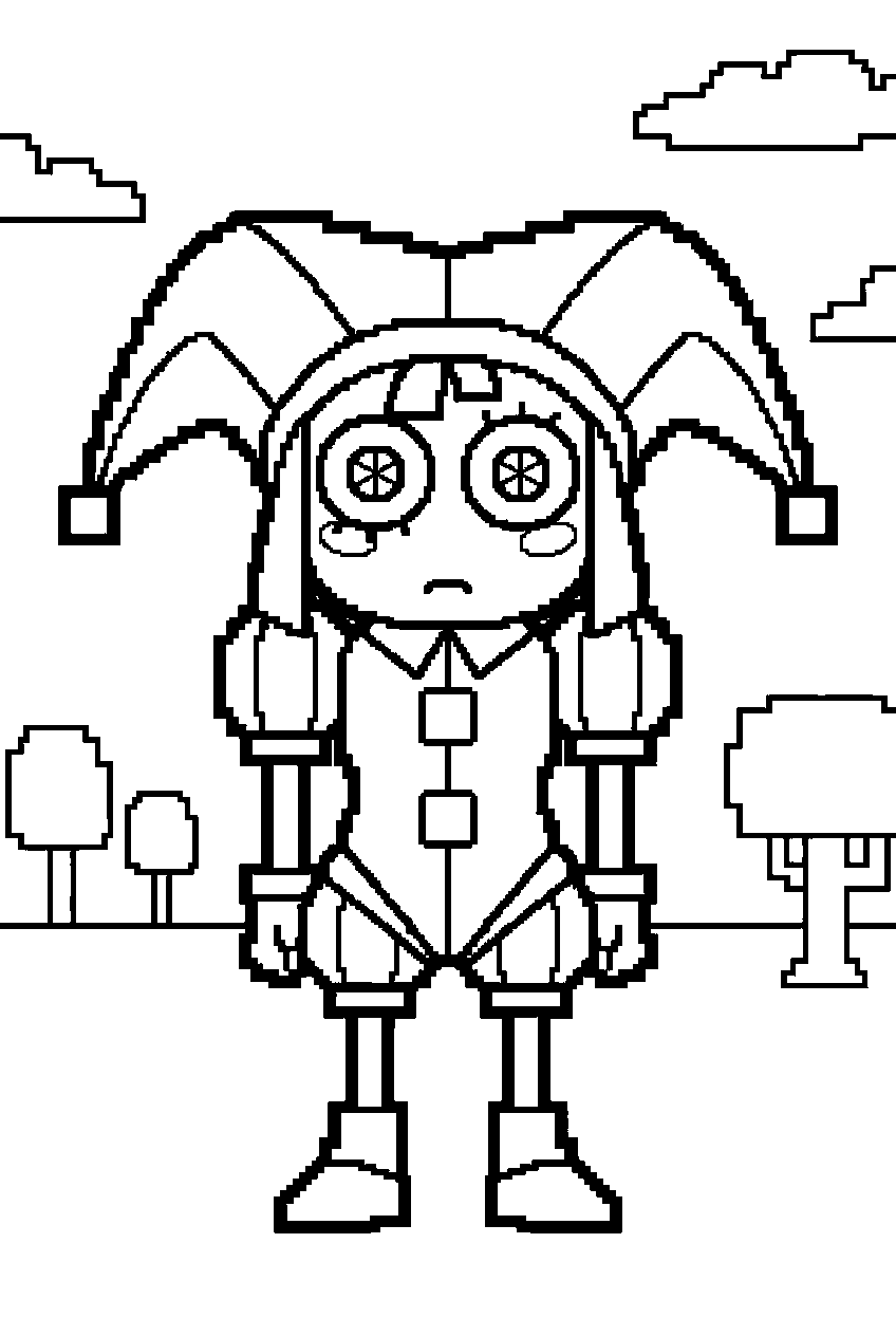 pomni from the amazing digital circus in pixel world line art