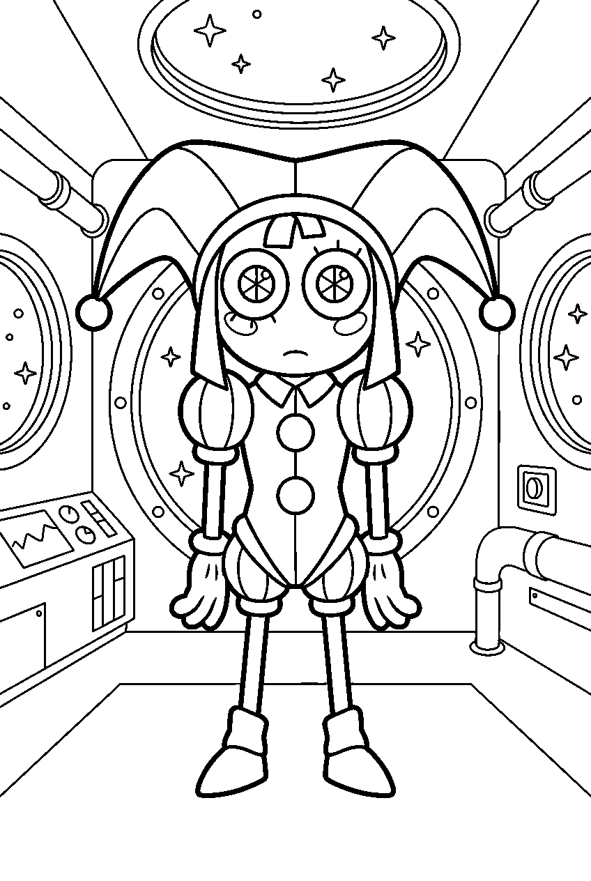pomni from the amazing digital circus in space station line art
