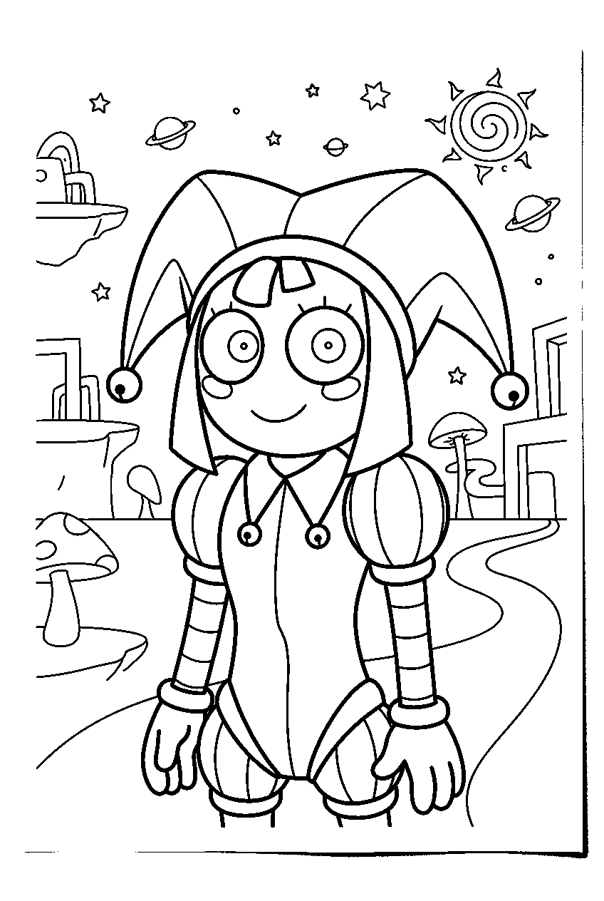 pomni from the amazing digital circus in surreal landscape line art