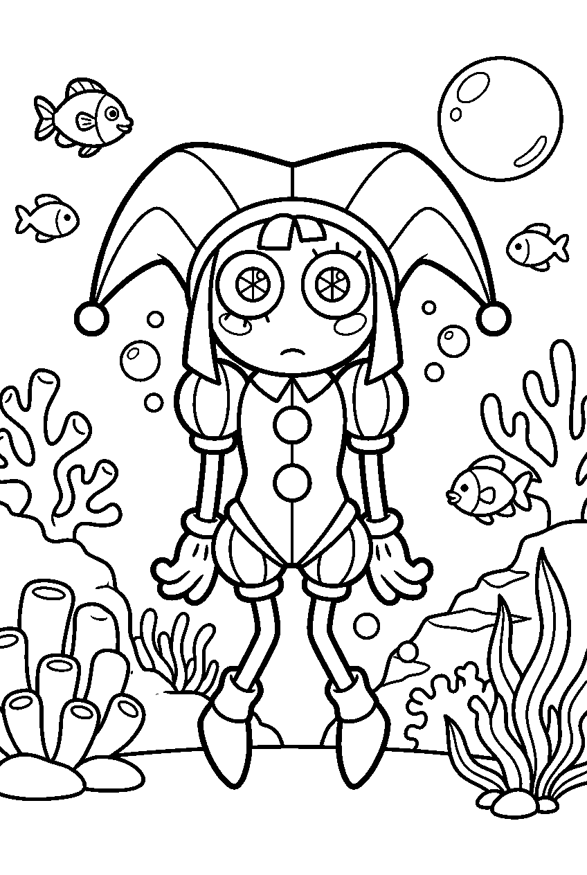 pomni from the amazing digital circus in underwater kingdom line art