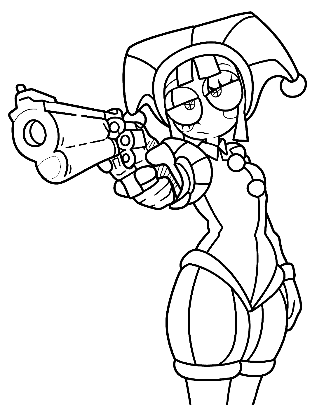 pomni holding gun revolver weapon jester outfit tadc the amazing digital circus line art