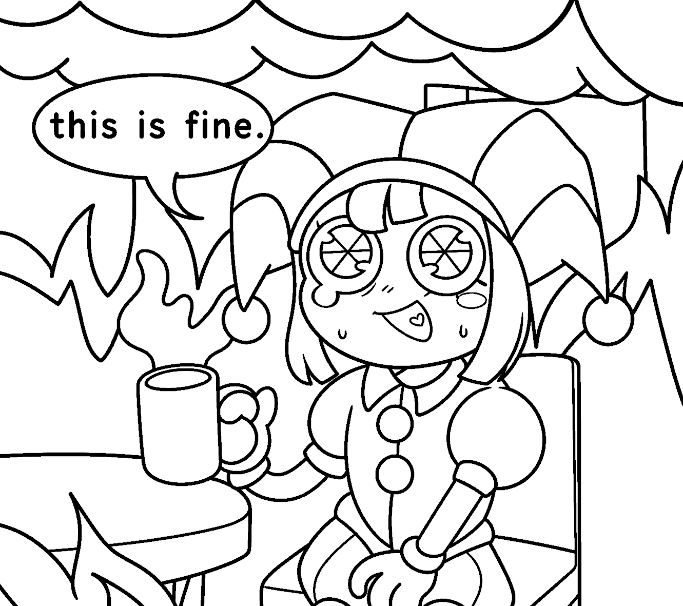 pomni this is fine meme burning room jester tadc the amazing digital circus line art