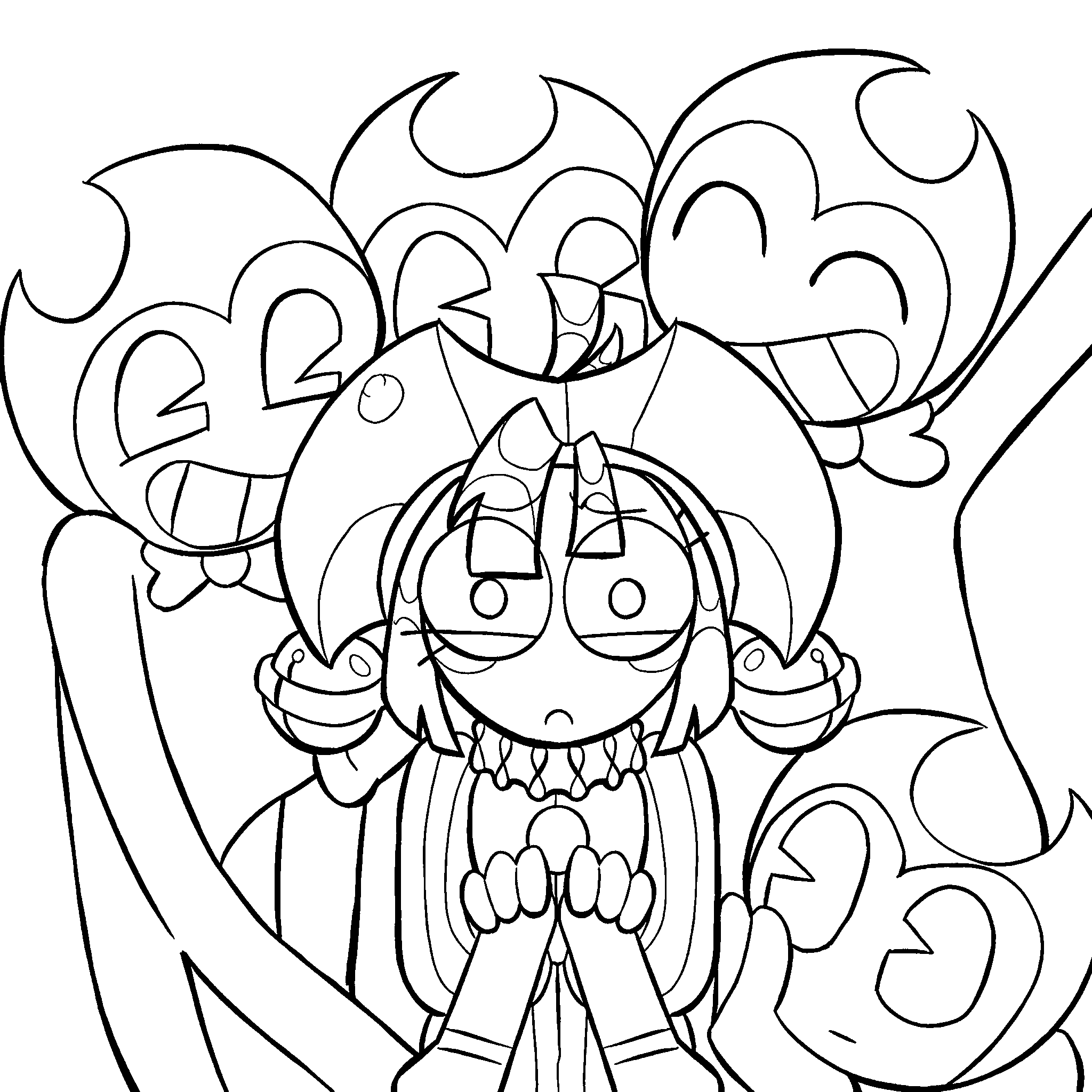 scared pomni surrounded by bendy ink demons crossover tadc the amazing digital circus line art