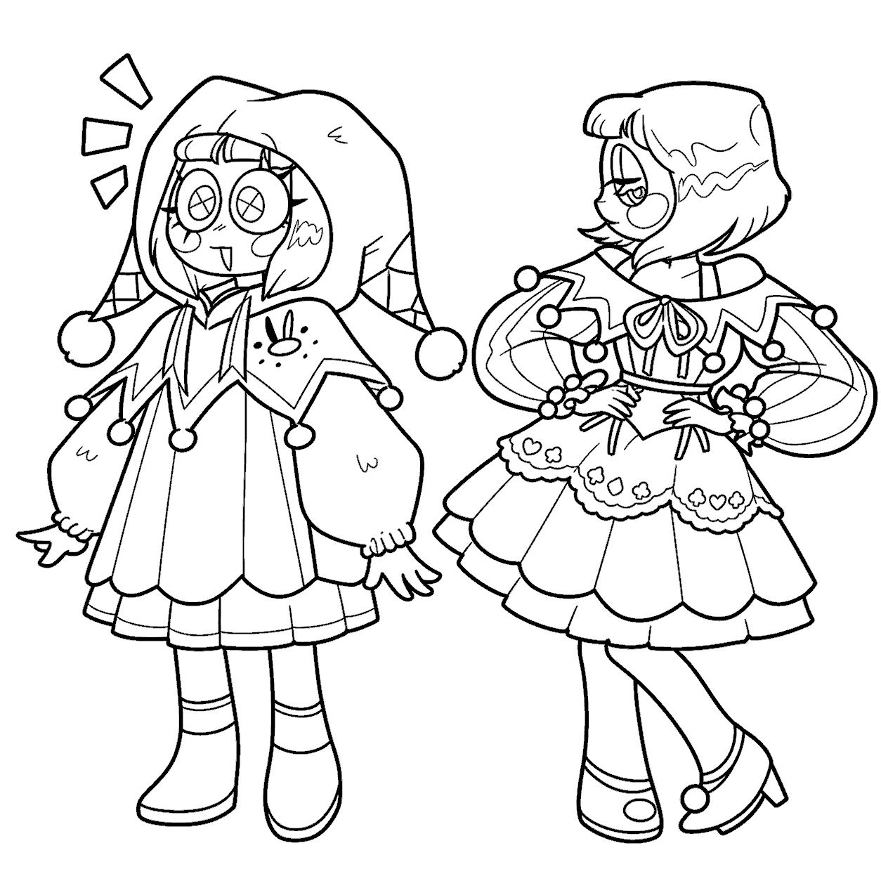 two cute pomni characters different outfits jester girl tadc the amazing digital circus line art
