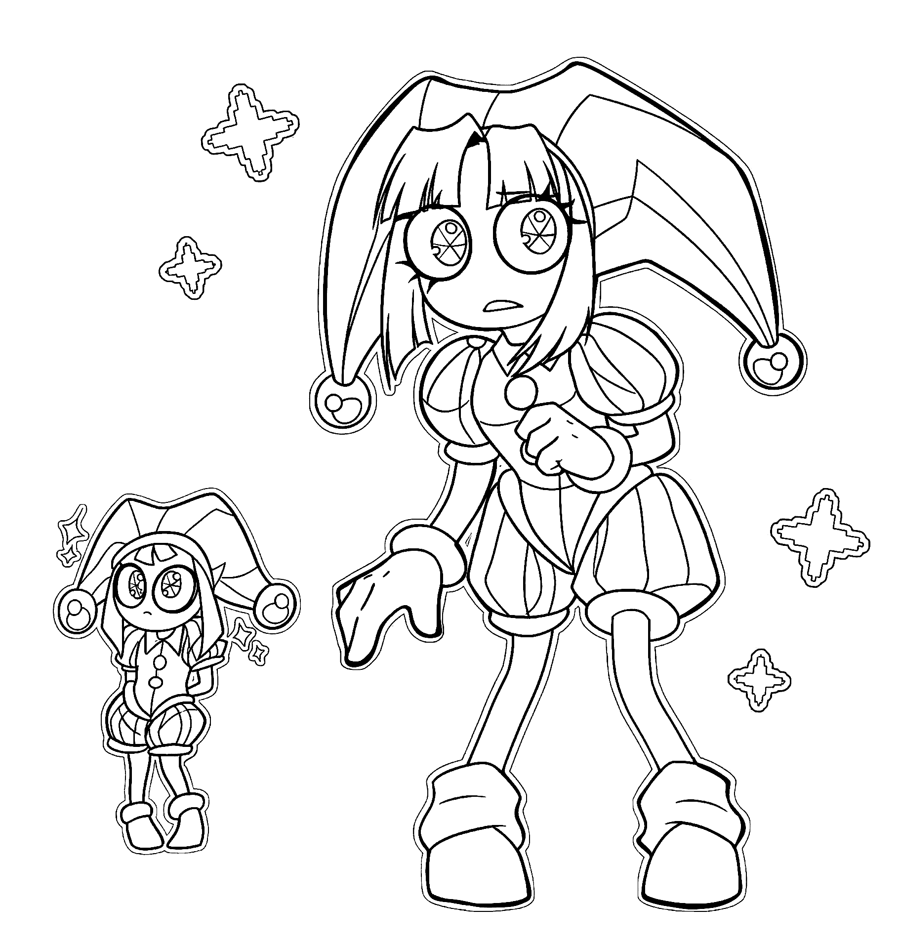 two pomni characters big and small chibi jester tadc the amazing digital circus line art