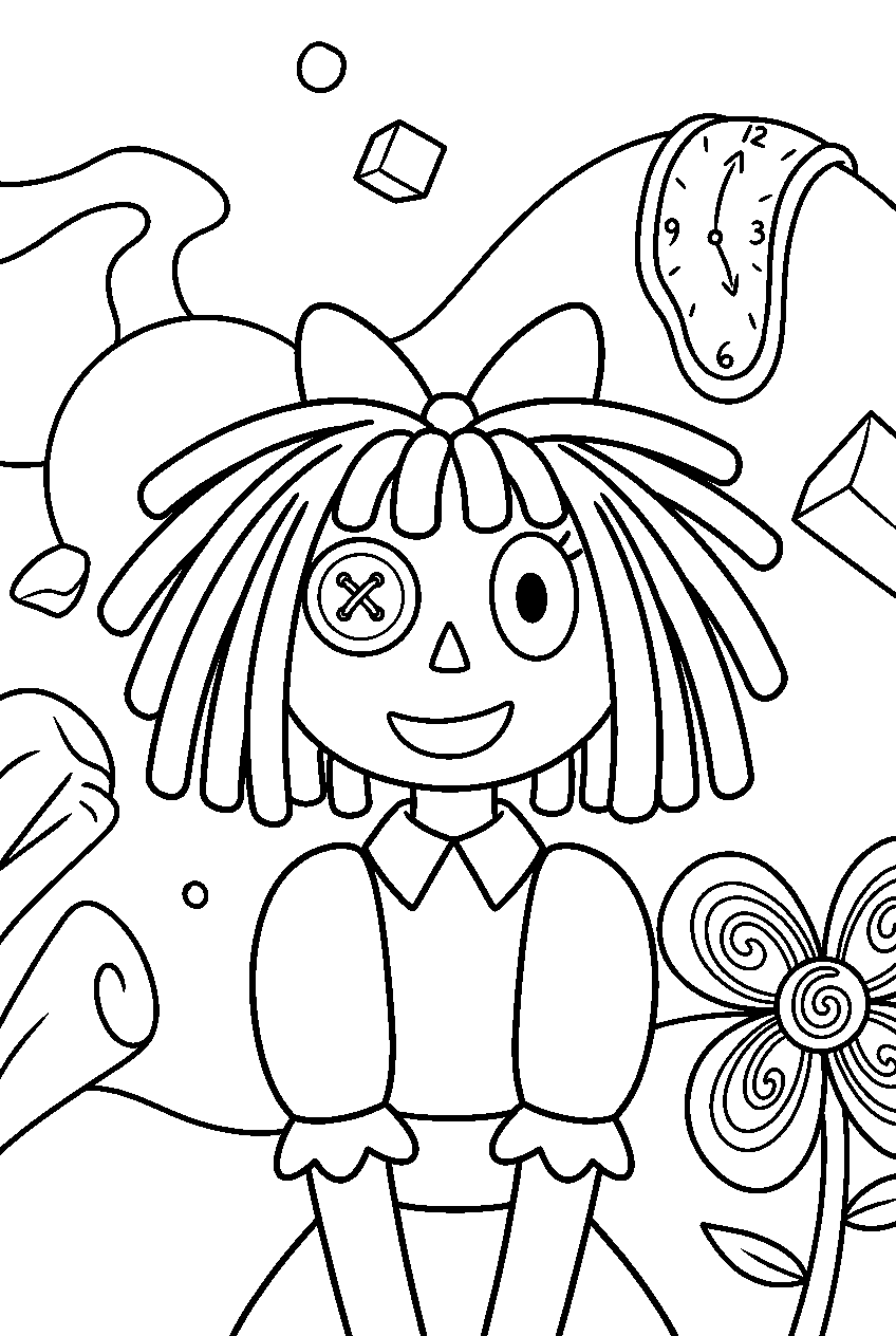 ragatha from the amazing digital circus in surreal landscape line art