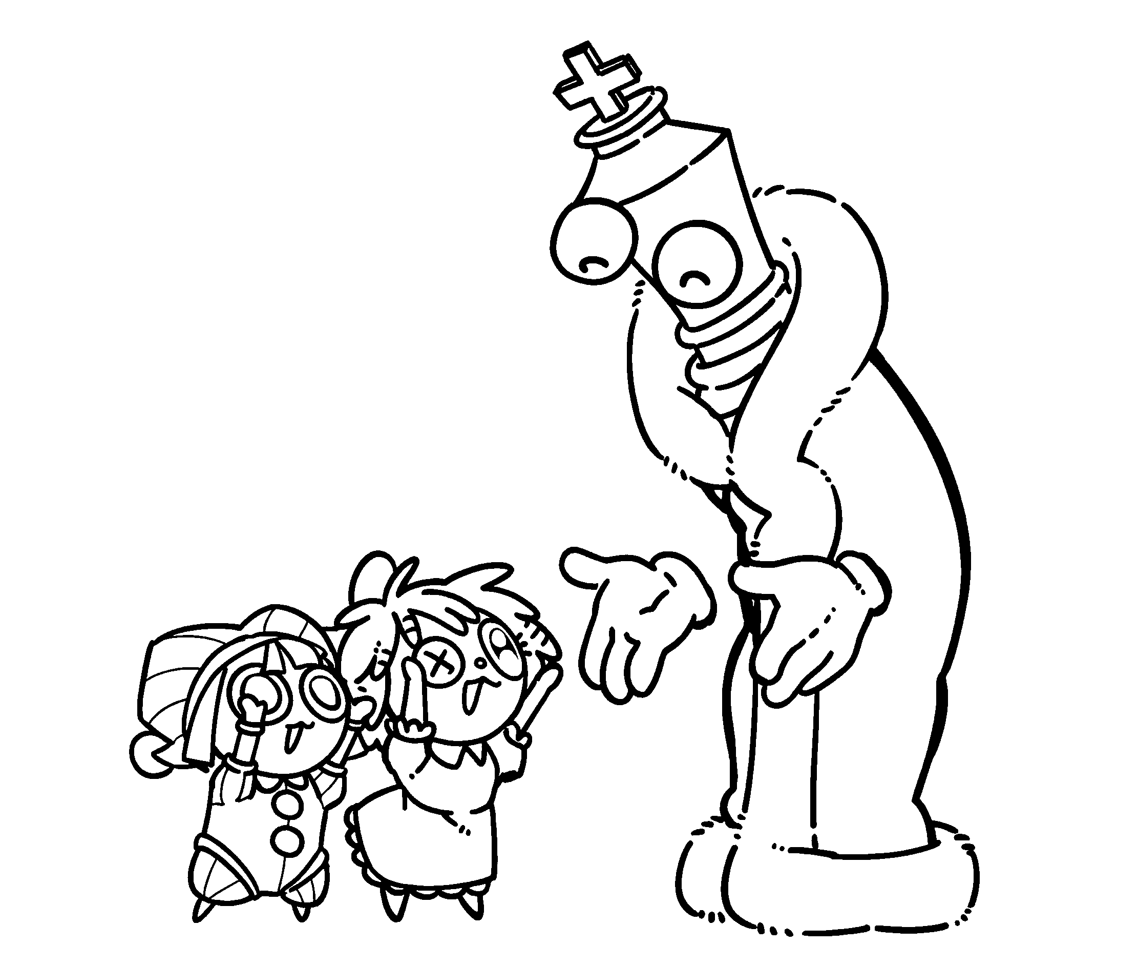 adult kinger with chibi pomni and ragatha the amazing digital circus line art