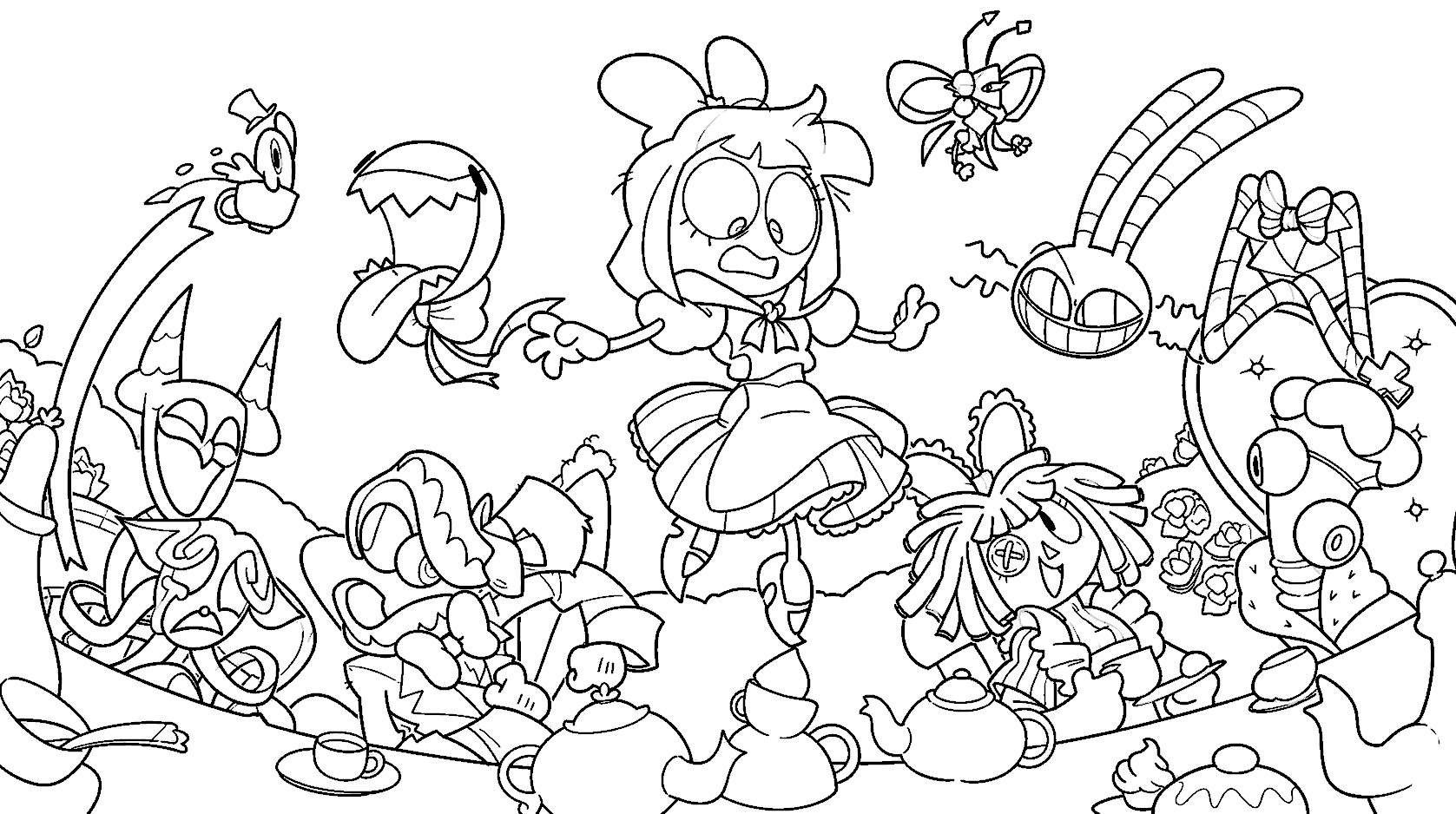 alice pomni mad tea party wonderland crossover tadc the amazing digital circus line art