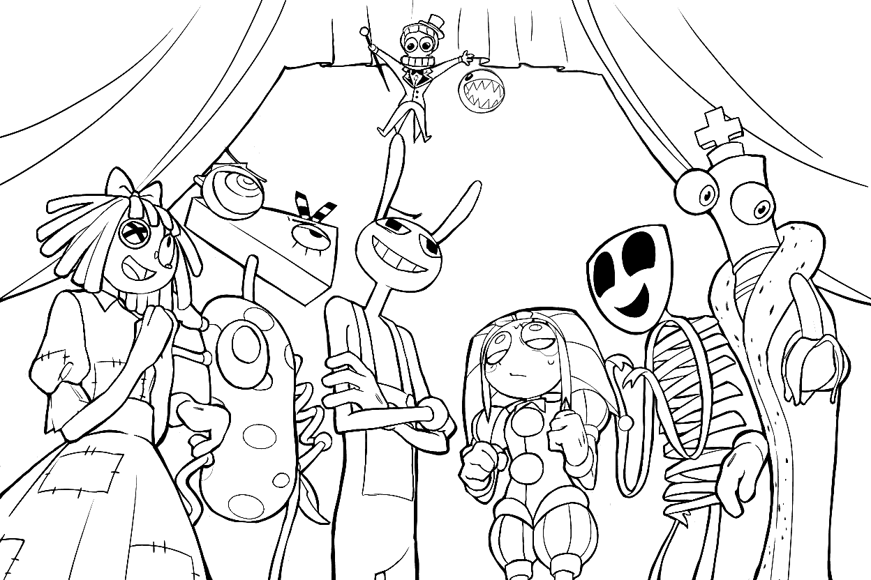 all main characters group under tent the amazing digital circus line art